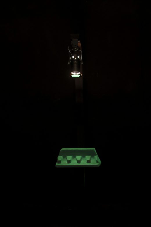 Site-specific installation; painted found object (ca. 40 x 20 x 25 cm) on a wooden stand, programmed LED light, spotlight, 2018