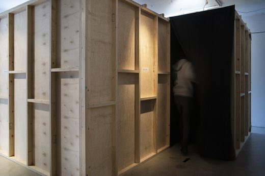 Site-specific installation. Installation views from MUU Gallery, Helsinki, Finland, 2018 Construction wood, plywood, programmed LED light, spotlight, latex on canvas on wooden stretcher Size of the room: H: 248,6 cm, W: 364,8 cm, L: 420 cm 